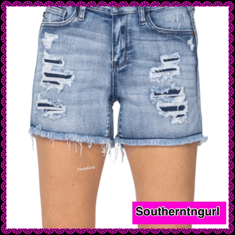 NWT JUDY BLUE Distressed Patched Mid Rise Shorts